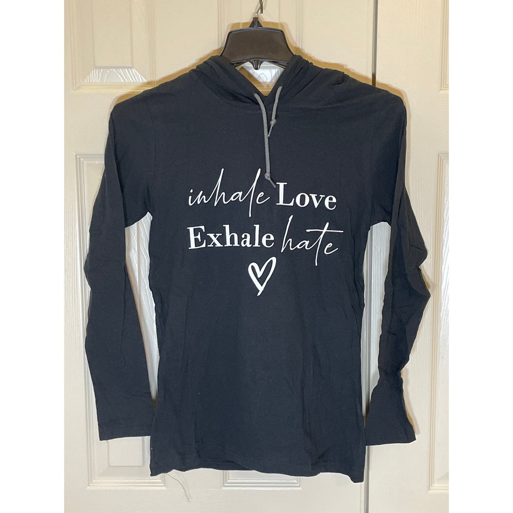 Anvil Graphic Hoodie T-Shirt Womens Small Black NWOT Inhale Love Exhale Hate LS